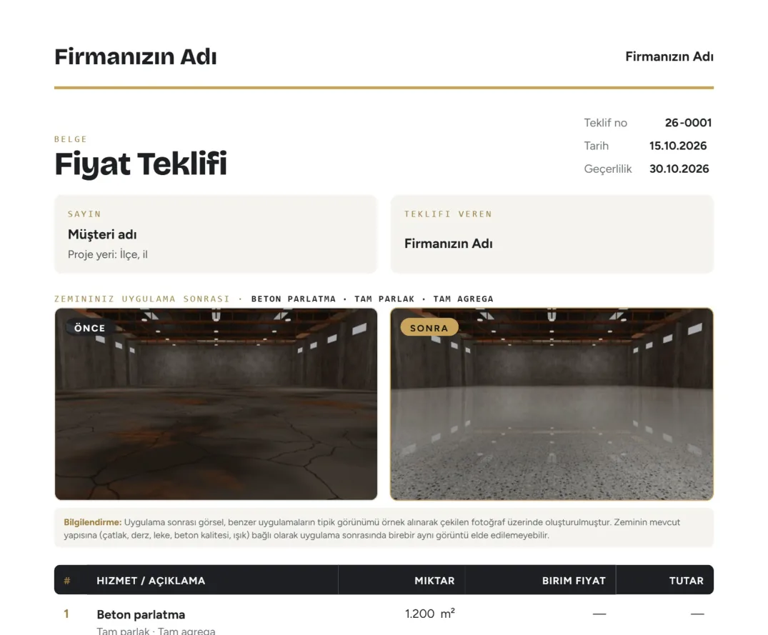 Usta Cebi ile hazırlanan A4 PDF teklif örneği: firma künyesi, mevcut ve uygulama sonrası zemin görseli, kalem tablosu