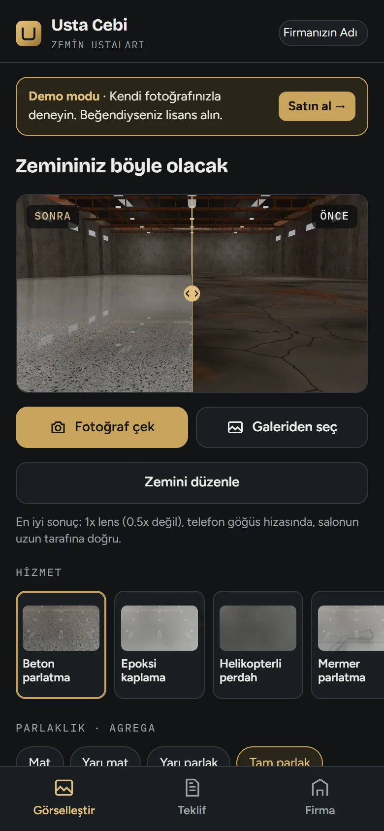 Usta Cebi uygulama ekranı: depo zemininin parlatılmış hali, önce ve sonra kaydırıcısı